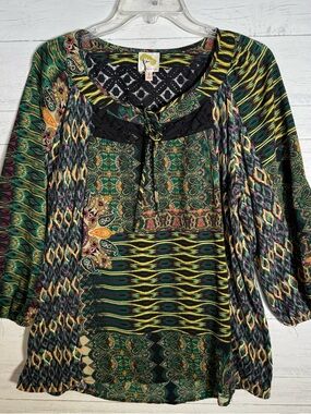 Fig & Flower Floral Artsy Boho Blouse Sz L Lace Inset 3/4 Sleeve Black Green